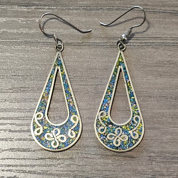 Vintage Mexican Silver Teardrop Dangle Earrings with Crushed Stone Inlay - Picture 6 of 7